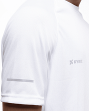 Close-up of core performance raglan T-shirt for men in white by KYRIX