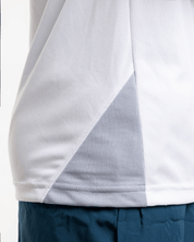 Close-up of core performance raglan T-shirt for men in white by KYRIX