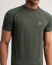 Close-up of lightweight raglan T-shirt for men in olive green by KYRIX