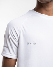 Close-up of core performance raglan T-shirt for men in white by KYRIX