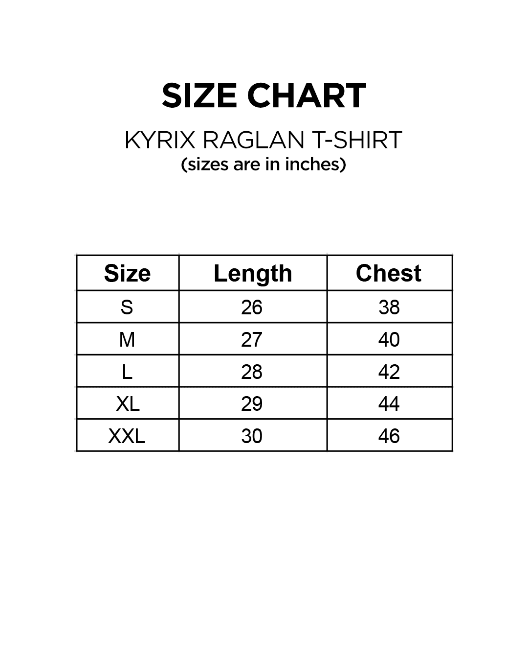 Size chart for lightweight raglan T-shirt for men by KYRIX