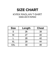 Size chart for lightweight raglan T-shirt for men by KYRIX